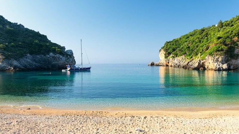 Yacht anchored in Paleokastritsa Bay, Corfu.