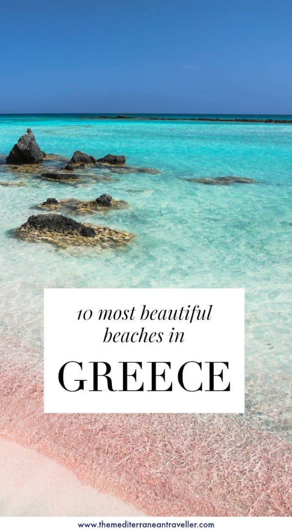 Pink sands of Elafonisi with text overlay '10 Most Beautiful Beaches in Greece'