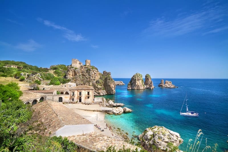 Scopello beach and rock stacks.