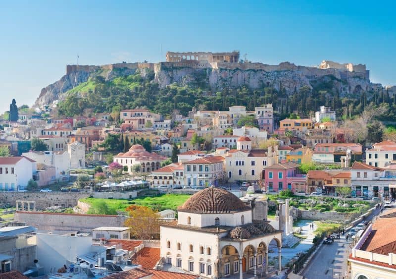 View of the Acropolis across Monastiraki in Athens.