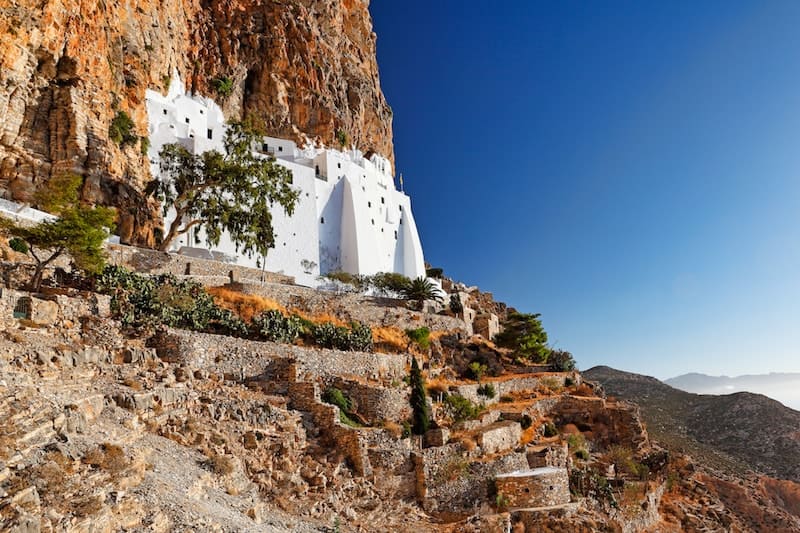 Beautiful Hozoviotissa Monastery carved into hillside on Amorgos