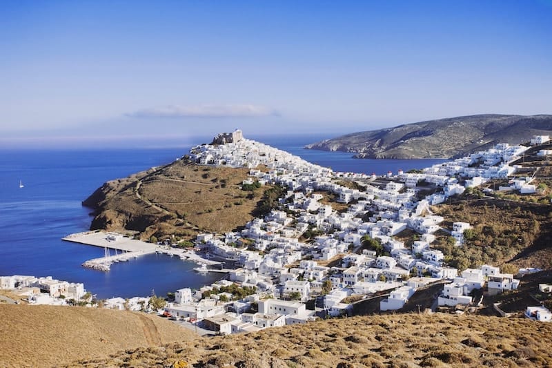 View over whitewashed Astypalaia Chora from the hills behind