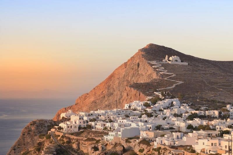 main clifftop town of Folegandros as the sun sets