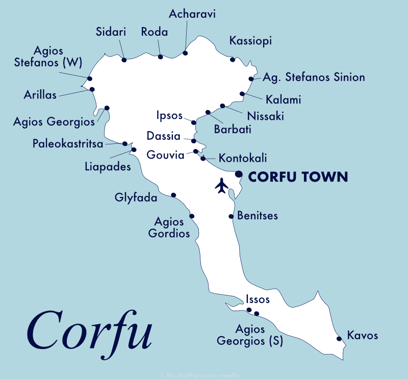Map of the main towns and beach resorts on Corfu.