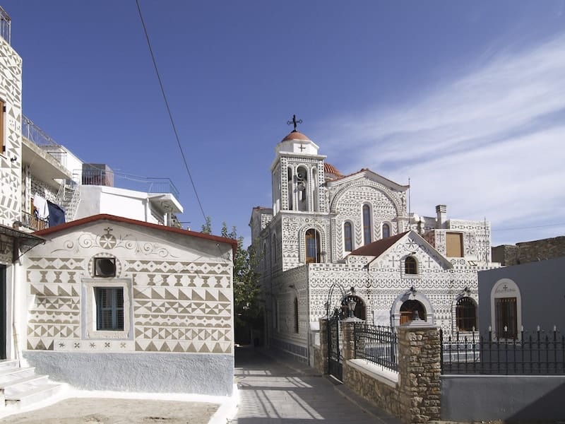 xista covered buildings and church in Pyrgi, Chios