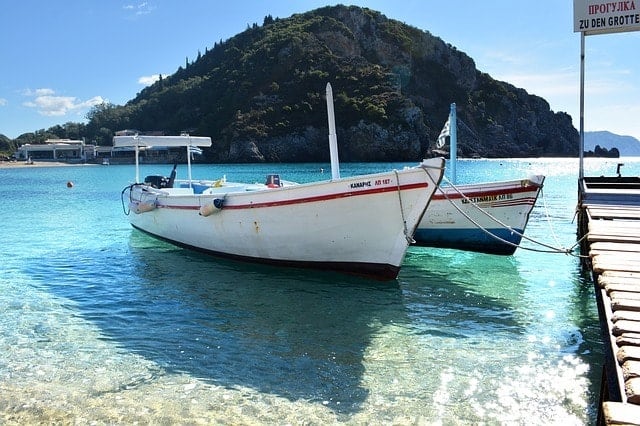 Boats on a pontoon at Paleokastritsa beach