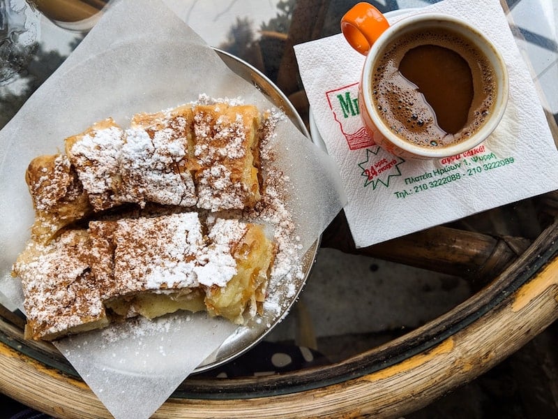 Sugar-dusted bougatsa and Greek coffee