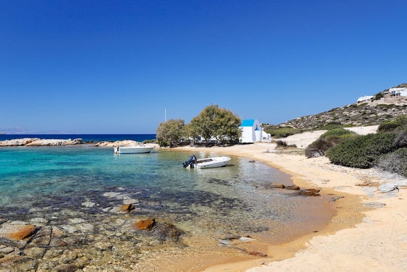 Small rustic beach with a chapel on Antiparos