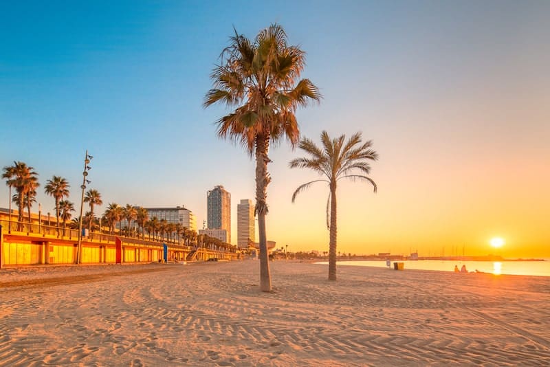 Sunset at Barceloneta beach.