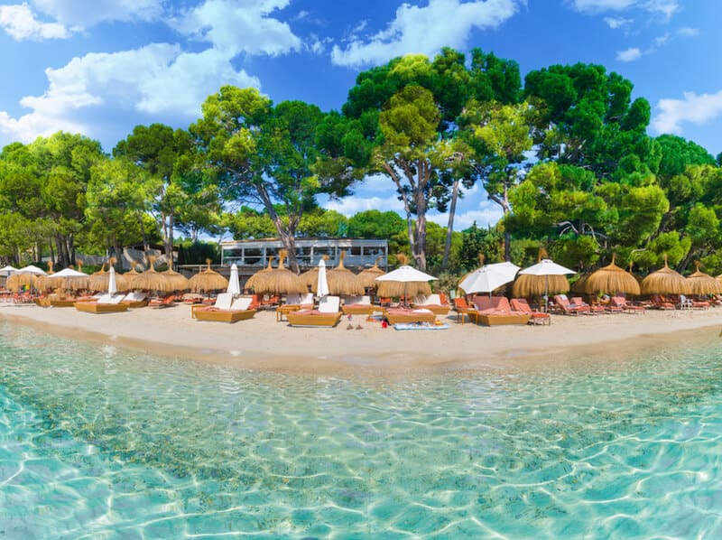 Sunloungers and parasols at Playa de Formentor, Majorca.