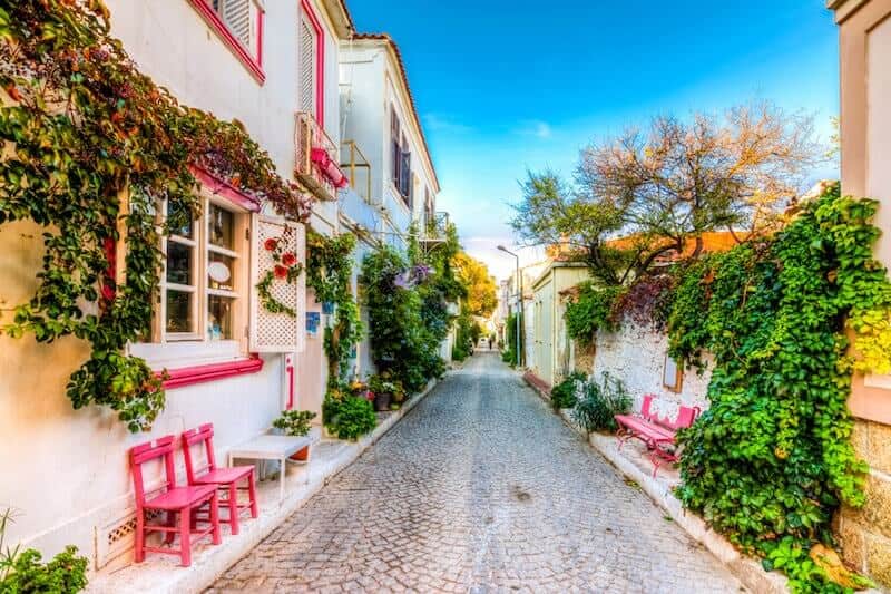 Pretty street with flowers on Bozcaada.