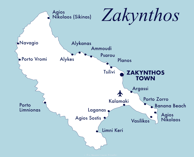 Map of beach resorts on Zakynthos.
