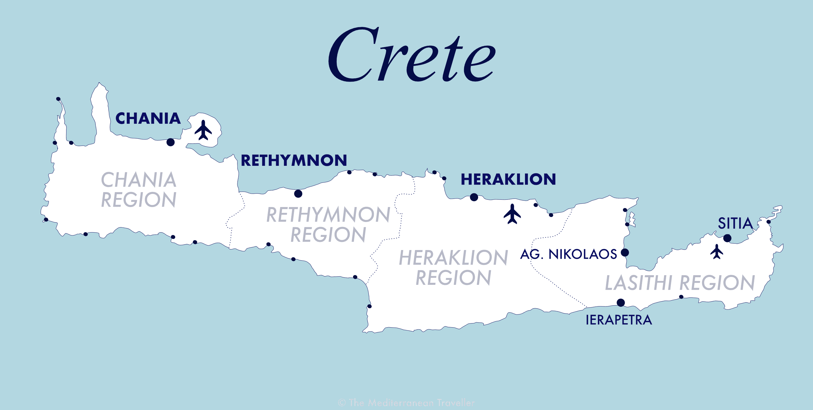 Map of main cities and provinces on Crete.