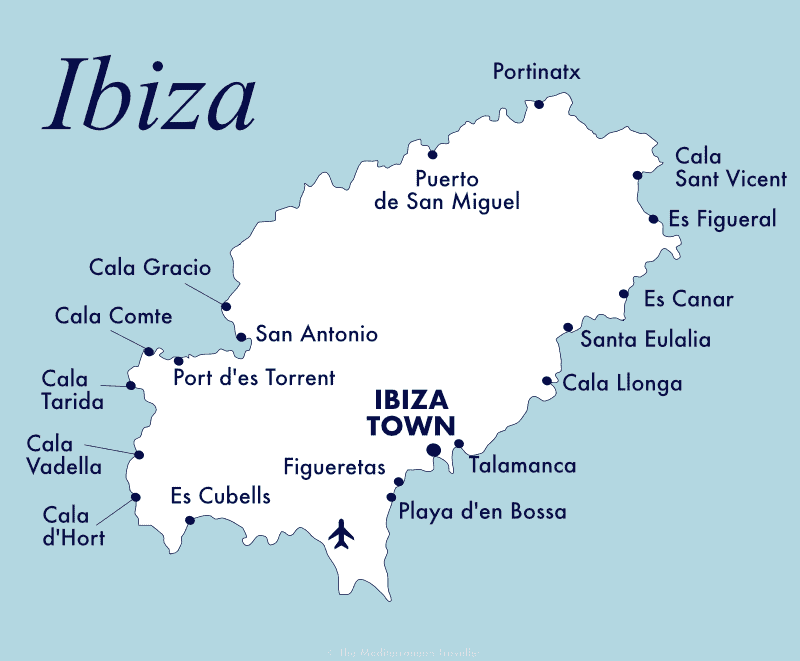Map of beach resorts on Ibiza.