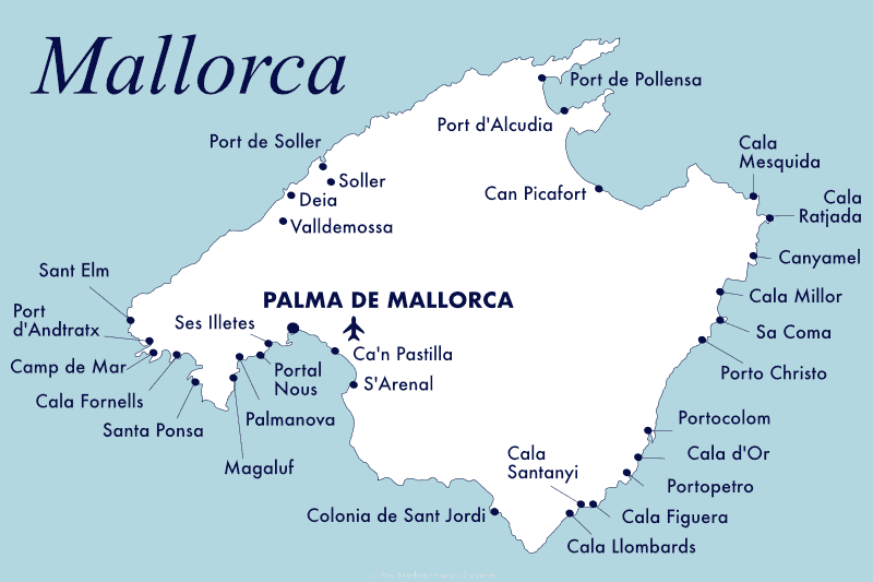 Map of main towns and beach resorts on Mallorca.