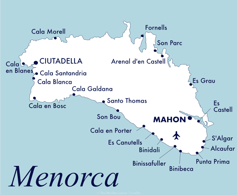 Map of beach resorts on Menorca.