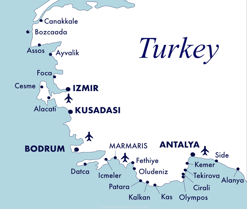 Map of main beach resorts in Turkey.