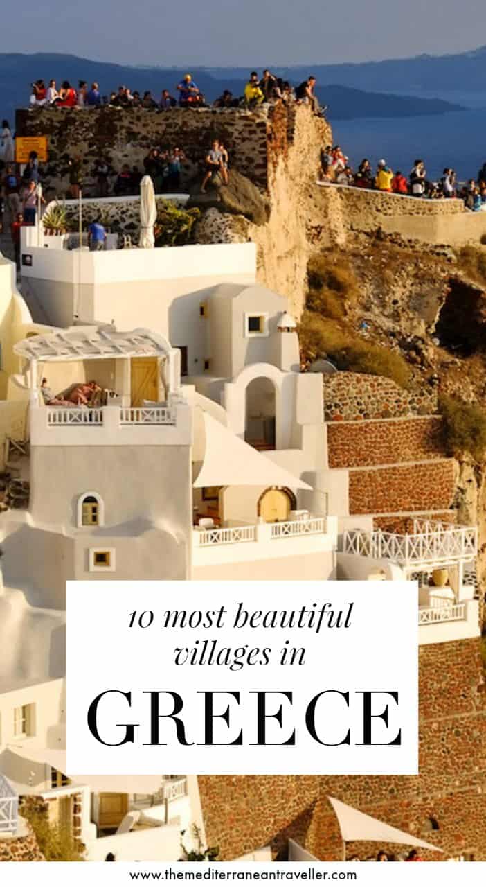 Oia at sunset with text overlay '10 Most Beautiful Villages in Greece'