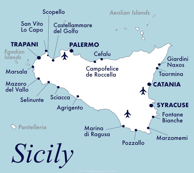 Map of beach resorts in Sicily.