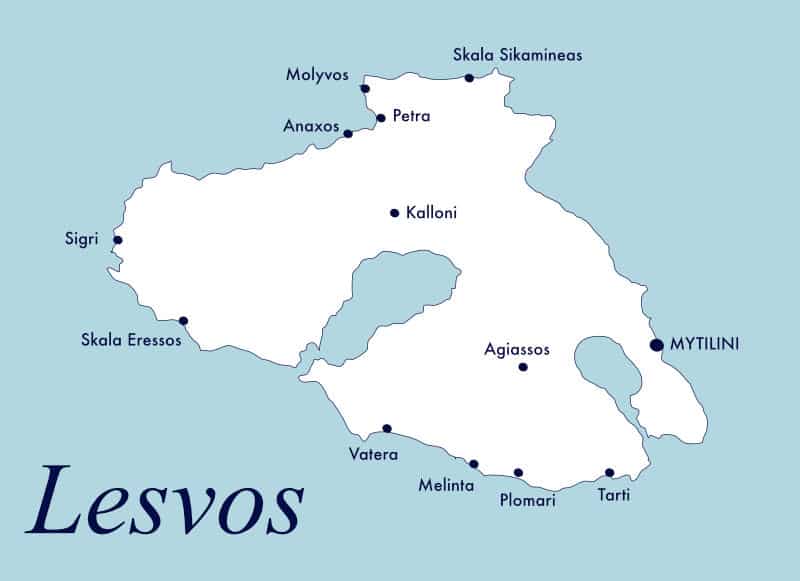 A map of the main towns and beach resorts on Lesvos.