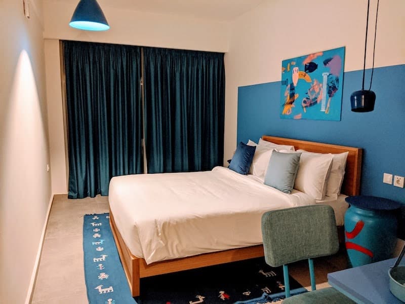 Inside a standard double room at Selina Athens.