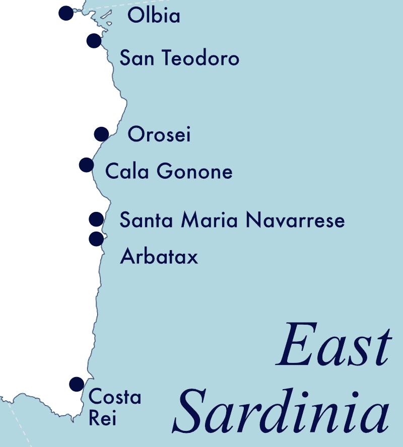 Map of towns beach resorts on Sardinia's east coast.