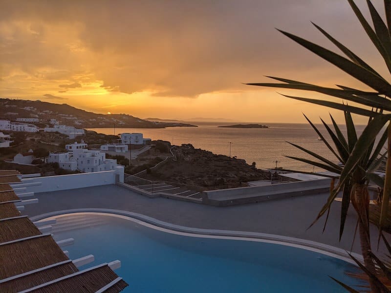 Sunset from a hotel pool in Mykonos Chora
