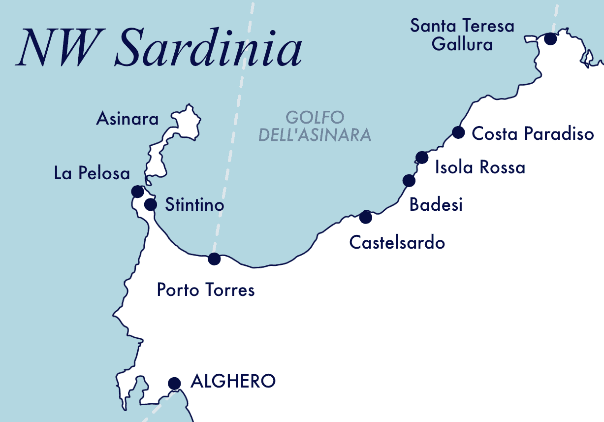 Map of main beach resort towns on Sardinia's north-west coast.