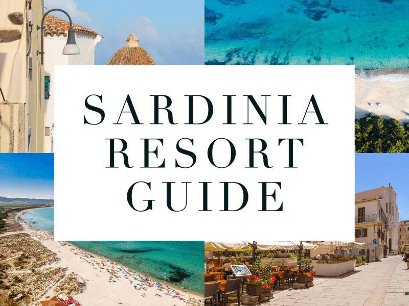 Collage of beach destinations with text overlay 'Sardinia resort guide'.