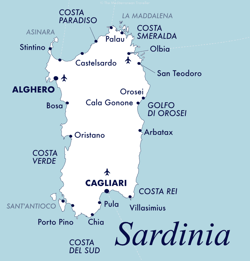 Map of towns and beach resorts on Sardinia.