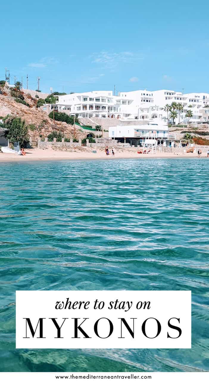 Platis Gialos beach with text overlay 'where to stay on Mykonos'