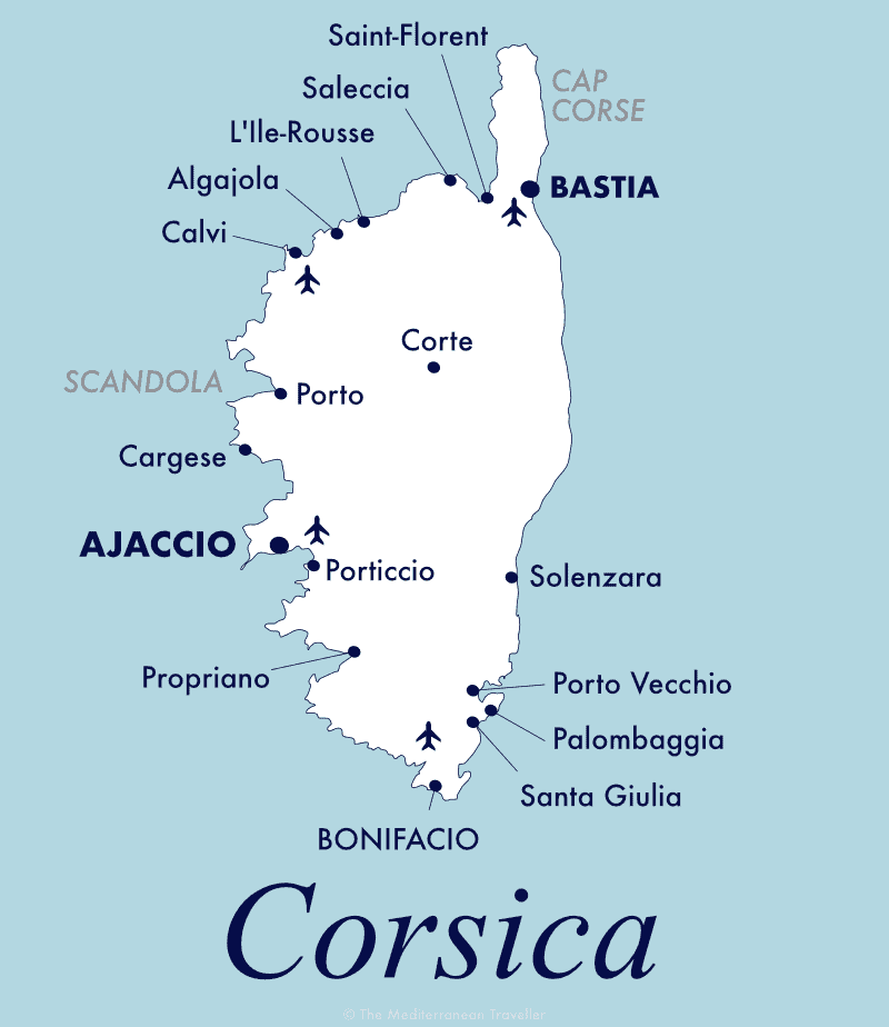 Map of beach resorts on Corsica.