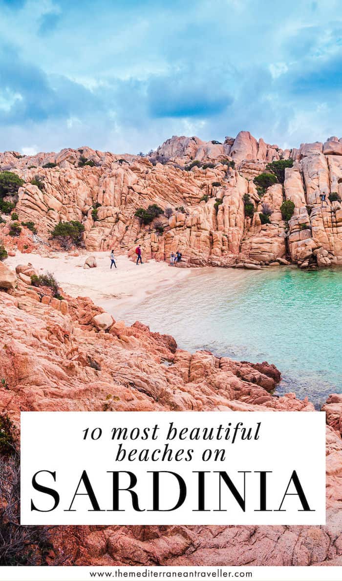 red boulder beach with text overlay '10 most beautiful beaches on Sardinia'