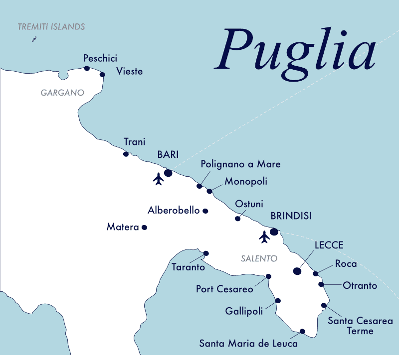 Map of main towns and beach resorts in Puglia.