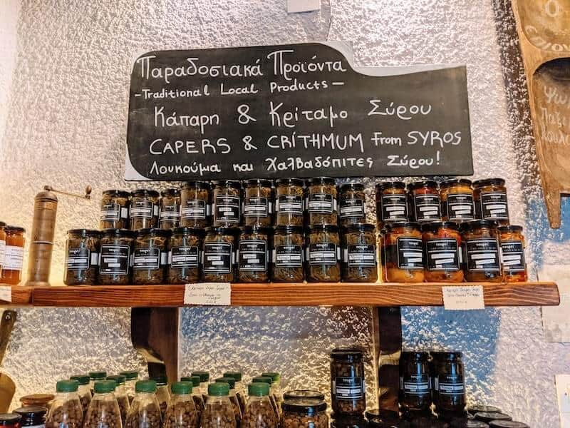Produce on the shelves at Maison du Meze, Ano Syros.