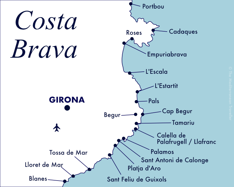 Map of Costa Brava coastline with main resorts.