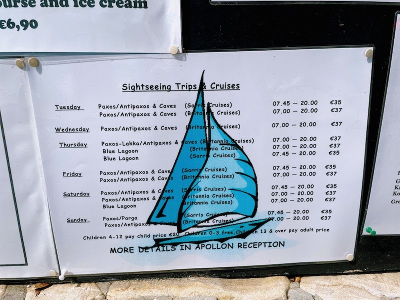 Price list for excursions.