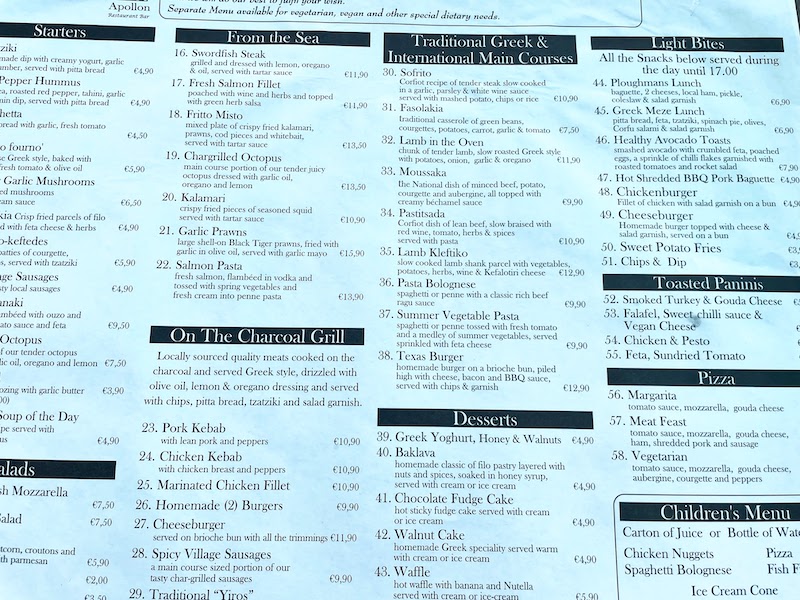 Menu from Apollon cafe.