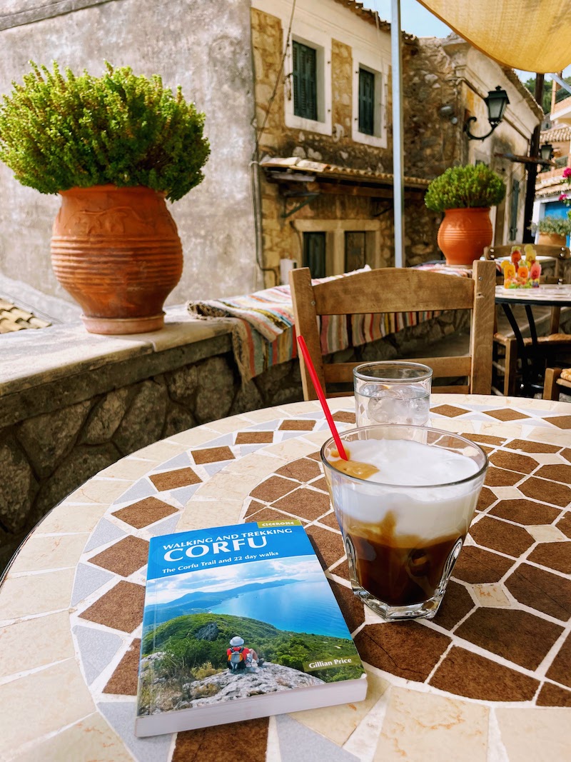 Hiking Trails of Corfu book in a cafe in Lakones.