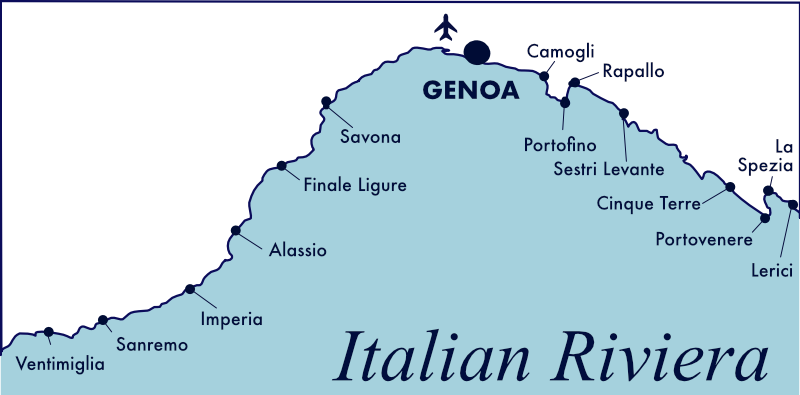 Map of the main towns on the Italian Riviera.