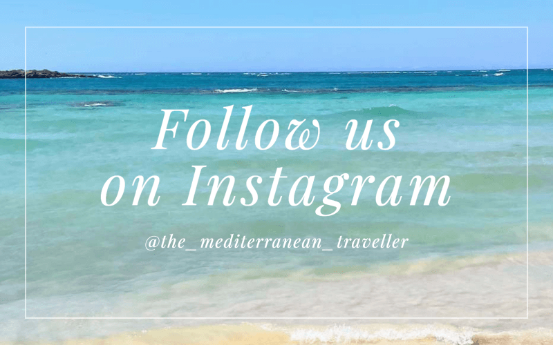 Beach with text overlay 'Follow us on Instagram - @the_mediterranean_traveller'.