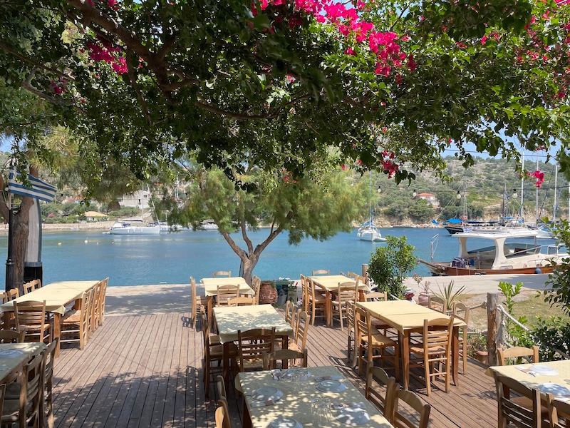 Taverna tables in Kastos harbour.