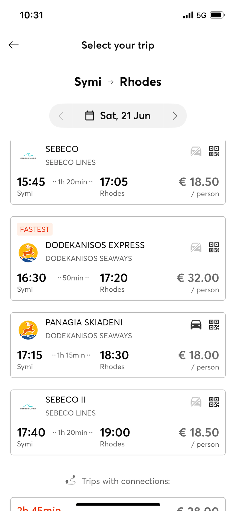 Example schedule and prices on the Ferryhopper app.