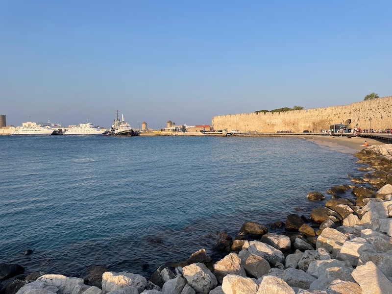 View of the road along the city walls and out to Akandia Port.