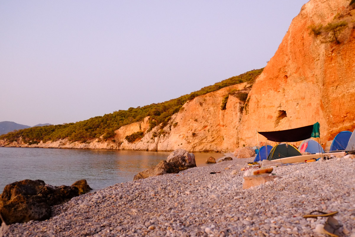 A few tents on Chalkiada as the sun goes down.