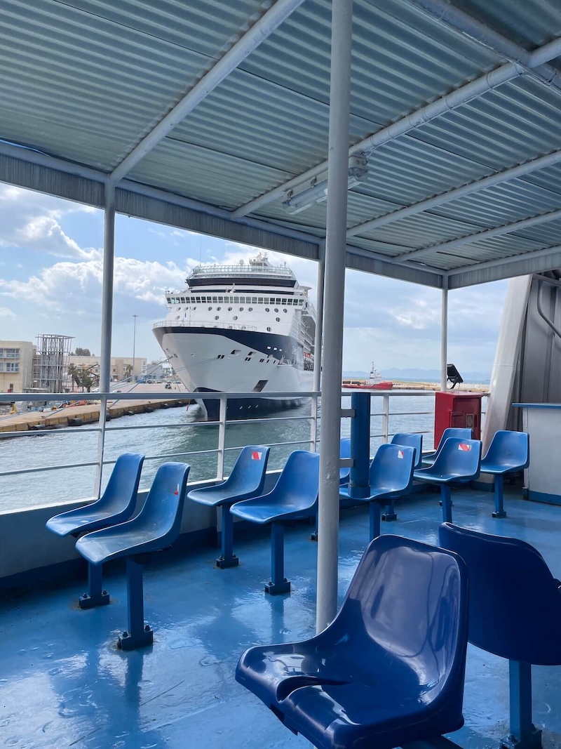 Seating on the open deck of the car ferry to Agistri.