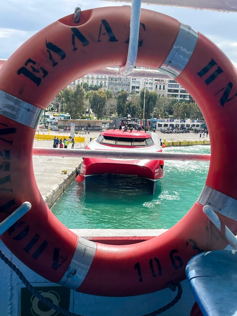 Hellenic Seaways fast ferry view through a safety ring on deck.